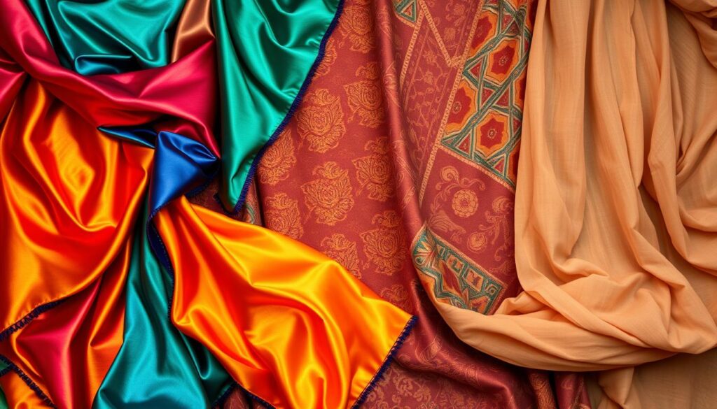 A vibrant and eclectic assortment of luxurious fabrics cascade across the frame, showcasing a diverse range of textures and patterns perfect for asymmetrical clothing designs. In the foreground, shimmering silks in jewel-toned hues flow gracefully, their asymmetrical drapes and folds capturing the eye. In the middle ground, intricate jacquard weaves in bold, geometric patterns add depth and visual interest. The background features a tapestry of soft, billowing linens in muted earth tones, complementing the more vibrant elements. Warm, directional lighting accentuates the fabric's luminous sheen and intricate details, creating a sense of depth and dimension. The overall atmosphere is one of creativity, movement, and the endless possibilities of asymmetrical fashion design. A vibrant and eclectic assortment of luxurious fabrics cascade across the frame, showcasing a diverse range of textures and patterns perfect for asymmetrical clothing designs. In the foreground, shimmering silks in jewel-toned hues flow gracefully, their asymmetrical drapes and folds capturing the eye. In the middle ground, intricate jacquard weaves in bold, geometric patterns add depth and visual interest. The background features a tapestry of soft, billowing linens in muted earth tones, complementing the more vibrant elements. Warm, directional lighting accentuates the fabric's luminous sheen and intricate details, creating a sense of depth and dimension. The overall atmosphere is one of creativity, movement, and the endless possibilities of asymmetrical fashion design.