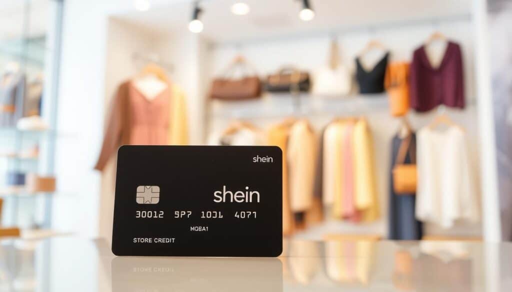 A vibrant and visually appealing image of a Shein store credit. The foreground features a sleek, modern credit card design with the Shein logo prominently displayed. The card is set against a soft, blurred background of a Shein store interior, showcasing clothing, accessories, and a warm, inviting atmosphere. The lighting is natural and diffused, creating a sense of depth and dimensionality. The overall composition is balanced and aesthetically pleasing, conveying the idea of a convenient, hassle-free shopping experience with Shein store credits.