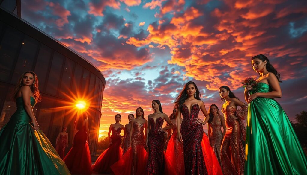 A vibrant evening scene, bathed in a warm, golden glow. The foreground features a dazzling array of evening gowns in captivating hues - deep emerald, rich burgundy, and shimmering metallics. Elegant models strike poses, their outfits accentuated by intricate beadwork and sequins that catch the light. In the middle ground, a backdrop of sleek, modern architecture with floor-to-ceiling windows reflecting the radiant colors. The background is a lush, moody sky, the sun just dipping below the horizon, painting the clouds in a spectrum of fiery oranges, pinks, and purples. The overall atmosphere is one of refined sophistication and glamour, setting the tone for the latest evening color trends of 2025. A vibrant evening scene, bathed in a warm, golden glow. The foreground features a dazzling array of evening gowns in captivating hues - deep emerald, rich burgundy, and shimmering metallics. Elegant models strike poses, their outfits accentuated by intricate beadwork and sequins that catch the light. In the middle ground, a backdrop of sleek, modern architecture with floor-to-ceiling windows reflecting the radiant colors. The background is a lush, moody sky, the sun just dipping below the horizon, painting the clouds in a spectrum of fiery oranges, pinks, and purples. The overall atmosphere is one of refined sophistication and glamour, setting the tone for the latest evening color trends of 2025.