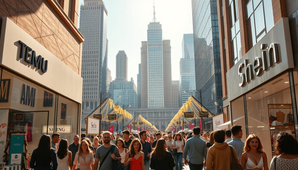 A vibrant marketplace scene showcasing the competitive landscape between Temu and Shein in the United States. In the foreground, two storefronts stand side-by-side, their distinct branding and product displays highlighting their unique offerings. The middle ground features a bustling crowd of shoppers, their expressions and body language conveying the energy and excitement of the shopping experience. In the background, a cityscape backdrop sets the scene, with towering skyscrapers and a crisp, sunlit atmosphere creating a sense of urban dynamism. The lighting is warm and natural, casting a golden glow over the entire composition and accentuating the contrasting visual elements. The overall mood is one of a thriving, competitive marketplace, where the two brands vie for the attention and loyalty of discerning American consumers.