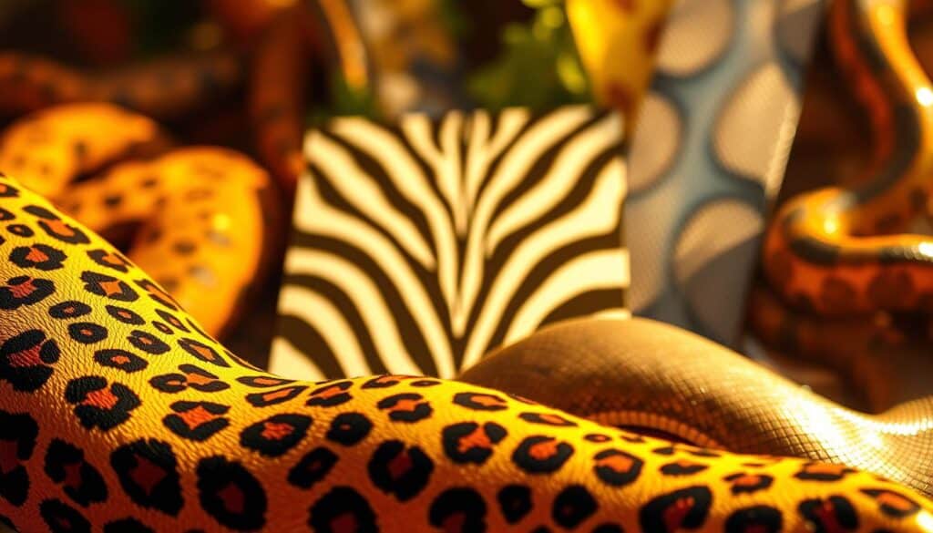 A vibrant, visually captivating illustration of diverse animal prints, showcasing their symbolic meanings. In the foreground, a striking leopard print pattern flows gracefully, embodying power, confidence, and primal allure. The middle ground features a mesmerizing zebra print, a symbol of duality, balance, and the duality of life. In the background, a shimmering snake skin pattern undulates, evoking themes of transformation, intuition, and the mysteries of the natural world. The scene is bathed in warm, golden light, creating a sense of depth and atmosphere. Captured through a wide-angle lens, the composition offers a harmonious, visually striking representation of the symbolic language of animal prints. A vibrant, visually captivating illustration of diverse animal prints, showcasing their symbolic meanings. In the foreground, a striking leopard print pattern flows gracefully, embodying power, confidence, and primal allure. The middle ground features a mesmerizing zebra print, a symbol of duality, balance, and the duality of life. In the background, a shimmering snake skin pattern undulates, evoking themes of transformation, intuition, and the mysteries of the natural world. The scene is bathed in warm, golden light, creating a sense of depth and atmosphere. Captured through a wide-angle lens, the composition offers a harmonious, visually striking representation of the symbolic language of animal prints.