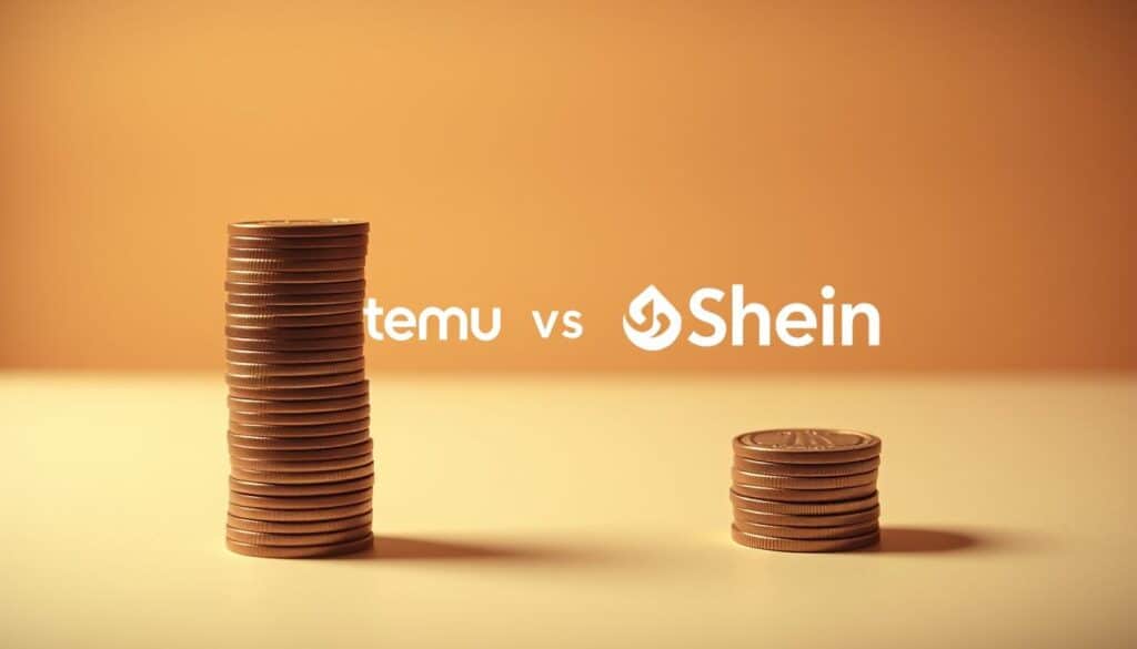 A visually striking comparison of Temu and Shein's pricing strategies, showcased in a sleek, minimalist composition. In the foreground, two stacks of coins representing the relative pricing of the two e-commerce giants, with Temu's stack slightly taller to convey its more affordable offerings. The middle ground features a stylized silhouette of the Temu and Shein logos, subtly intertwined to highlight their competitive dynamic. The background is a muted, gradient-based color palette, creating a sense of balance and emphasis on the central pricing comparison. Warm, diffused lighting casts a soft, inviting glow, while the camera angle is positioned to provide a dynamic, overhead perspective, lending a sense of authority and clarity to the visual narrative.