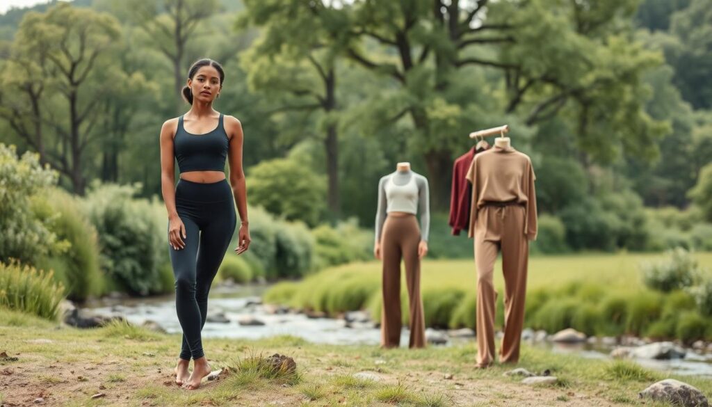 A well-designed sustainable activewear collection in a serene natural setting. In the foreground, a model gracefully poses in a sleek, moisture-wicking top and high-waisted leggings made from recycled fabrics. The middle ground features a mix of activewear pieces in earthy tones, showcasing the brand's commitment to eco-friendly materials and ethical production. In the background, a lush, verdant landscape with towering trees and a tranquil stream sets the stage, conveying a sense of harmony between the activewear and the natural world. The lighting is soft and diffused, creating a calming, ethereal atmosphere that highlights the sustainable features of the collection.
