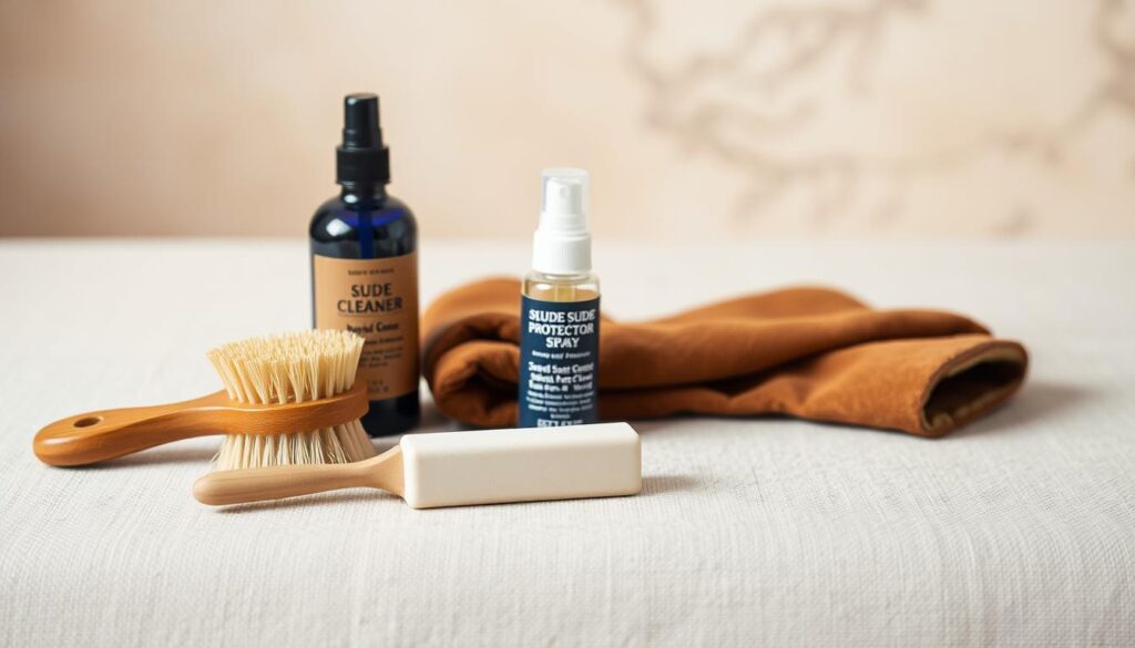 A well-lit, close-up image of several suede care products arranged neatly on a neutral, textured surface. In the foreground, a suede brush and a suede eraser sit side by side. In the middle ground, a bottle of suede cleaner and a small container of suede protector spray stand upright. The background features a soft, out-of-focus backdrop that complements the warm, earthy tones of the suede items. The composition emphasizes the tools and products needed to properly care for and maintain the luxurious, velvety texture of suede garments and accessories. A well-lit, close-up image of several suede care products arranged neatly on a neutral, textured surface. In the foreground, a suede brush and a suede eraser sit side by side. In the middle ground, a bottle of suede cleaner and a small container of suede protector spray stand upright. The background features a soft, out-of-focus backdrop that complements the warm, earthy tones of the suede items. The composition emphasizes the tools and products needed to properly care for and maintain the luxurious, velvety texture of suede garments and accessories.