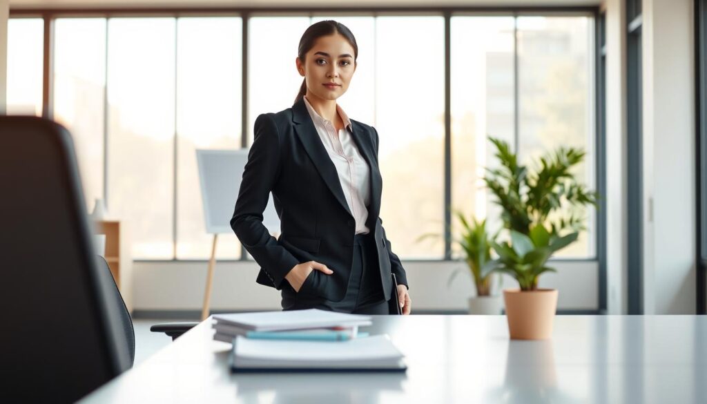 A well-lit office setting, with a sleek, modern desk and ergonomic chair in the foreground. On the desk, a stack of professional documents and a potted plant, creating a polished, minimalist vibe. In the middle ground, a confident woman wearing a feminine, tailored polo shirt in a soft pastel shade, paired with a structured black blazer and slim-fit trousers. Her posture is poised, exuding an air of effortless sophistication. The background features a floor-to-ceiling window, allowing natural light to flood the space and casting a warm, inviting glow. The overall scene conveys a sense of polished, office-ready style, where the feminine polo shirt is the focal point, seamlessly integrated into a professional, executive-level ensemble.