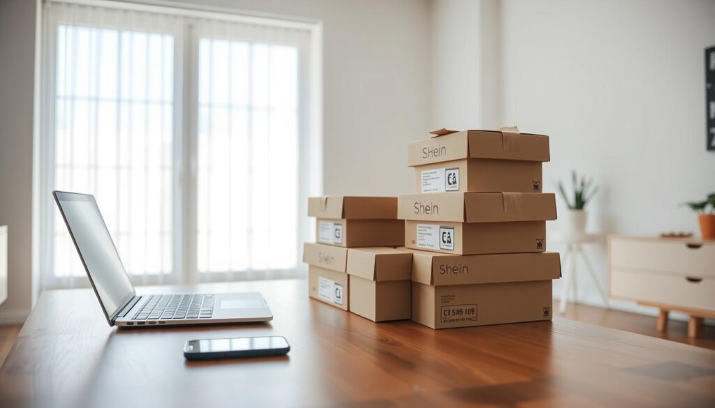 A well-lit, spacious home office with a modern, minimalist aesthetic. In the foreground, a laptop and smartphone are neatly arranged on a sleek, wooden desk, symbolizing the ease and security of online shopping. The middle ground showcases a stack of Shein packages, their packaging pristine and inviting, suggesting a hassle-free delivery experience. The background features a large window, allowing natural light to flood the space and create a sense of transparency and trustworthiness. The overall mood is one of efficiency, reliability, and consumer confidence, reflecting the "safest way to buy Shein" for the article's target audience.