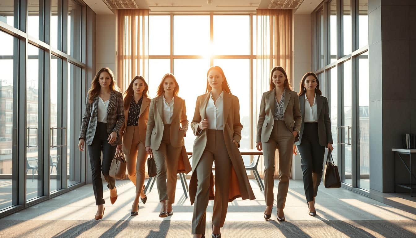 An elegant, modern office setting in 2025. Bright, natural lighting filters through large windows, casting a warm glow on the meticulously curated workwear. Tailored, high-tech fabrics in muted earth tones and sleek silhouettes create a sophisticated, professional look. Textured jackets, flowing blouses, and slim-fitting trousers flow effortlessly, allowing for easy movement. Subtle, geometric patterns and minimalist accessories complement the chic, understated aesthetic. The overall impression is one of comfort, confidence, and timeless style - a seamless blend of comfort and elegance for the modern working professional.