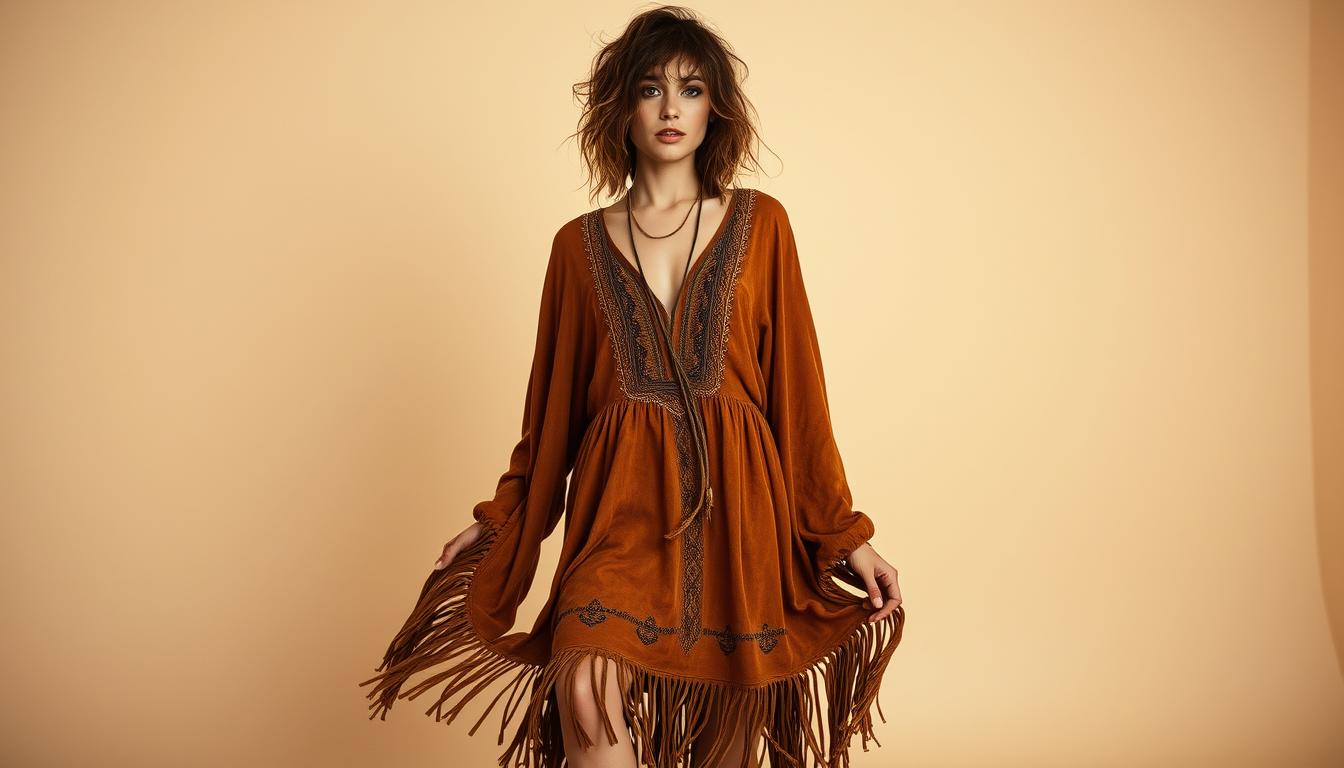Boho chic model gracefully posing in a well-lit studio, draped in a flowing suede dress with fringes and intricate embroidery details. Warm, earthy tones create a cozy, inviting atmosphere. The model's messy, voluminous hair and natural makeup add to the effortless, bohemian vibe. Subtle shadows and highlights accentuate the textural richness of the suede. Crisp, high-resolution image captured with a wide-angle lens to showcase the full-length silhouette against a minimalist, textured background.