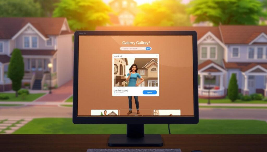 Detailed digital illustration of a computer screen showing the Sims 4 Gallery upload interface. The screen is positioned in the foreground, illuminated by a soft, warm lighting. In the middle ground, a virtual Sim character stands proudly, showcasing their custom-created home. The background depicts a stylized Sims 4 neighborhood, with familiar architectural elements and lush greenery. The overall atmosphere conveys a sense of creativity, community, and the thrill of sharing one's Sims and home designs with others. Detailed digital illustration of a computer screen showing the Sims 4 Gallery upload interface. The screen is positioned in the foreground, illuminated by a soft, warm lighting. In the middle ground, a virtual Sim character stands proudly, showcasing their custom-created home. The background depicts a stylized Sims 4 neighborhood, with familiar architectural elements and lush greenery. The overall atmosphere conveys a sense of creativity, community, and the thrill of sharing one's Sims and home designs with others.
