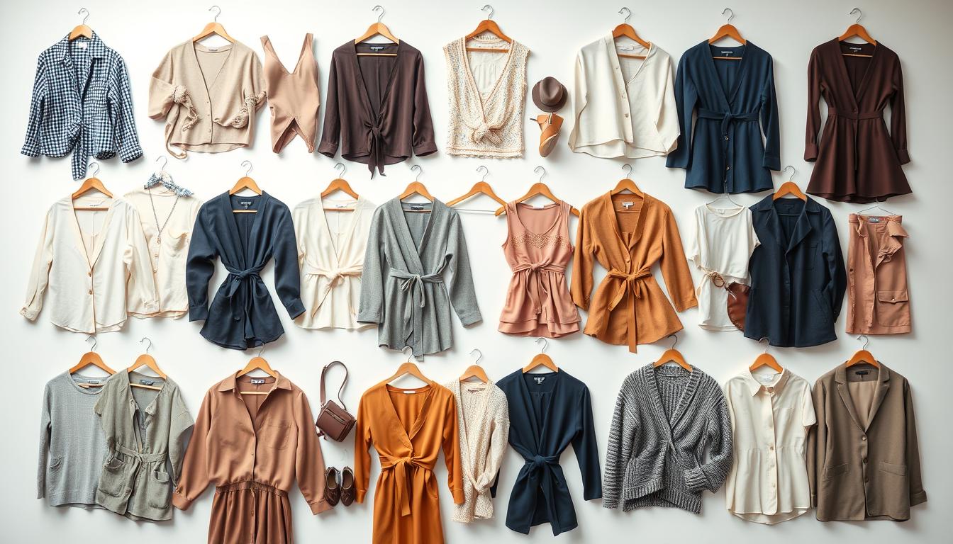 Detailed product shot of a diverse assortment of fashionable clothing items on a clean, minimalist white background. Clothing includes a variety of stylish tops, dresses, skirts, and accessories in a range of colors and textures. Overhead studio lighting creates soft, even illumination and gentle shadows, highlighting the high-quality fabrics and construction. Camera positioned at a slight downward angle to capture the full breadth of the items. Serene, aspirational mood that conveys the idea of selecting the best Shein pieces on a budget.