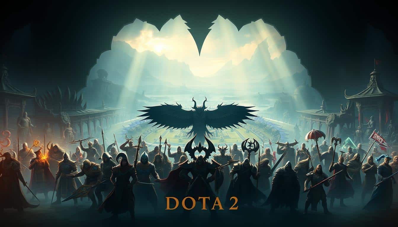 Dota 2 heroes gathered in a majestic arena, their iconic weapons and armor shimmering under dramatic lighting. The foreground features a diverse ensemble of warriors, mages, and support heroes, each with a distinct silhouette and pose. In the middle ground, the battlefield unfolds with strategic points and environmental hazards. The background showcases a breathtaking fantasy landscape, hinting at the vast and immersive world of Dota 2. The overall composition conveys the strategic depth, hero diversity, and epic scale of this beloved multiplayer game.