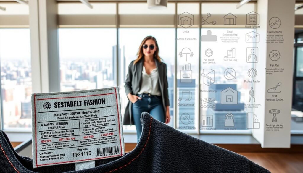 Prompt A bright, airy interior space with large windows overlooking a bustling urban landscape. In the foreground, a detailed garment tag displaying information about the item's supply chain journey - manufacturing location, materials used, certifications, and traceability codes. In the middle ground, a stylish fashion model wearing the garment, posing confidently. The background features a collage of fashion brand logos, supply chain icons, and infographic elements, all conveying the concept of sustainable, transparent fashion. The lighting is natural and even, with a sense of openness and clarity. The overall mood is informative, progressive, and optimistic about the future of eco-conscious clothing.