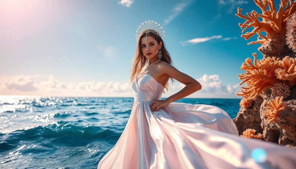 Seasonal aquatic styling: a captivating seascape showcasing the ebb and flow of fashion trends. In the foreground, a graceful model poses against a backdrop of shimmering waves, clad in a flowing, iridescent gown that mimics the shimmering patterns of a school of fish. The middle ground features a harmonious blend of coral-inspired accessories, from intricate jewelry to delicate headpieces that evoke the intricate structures of marine life. In the distance, the scene is framed by a vibrant, sunlit seascape, with sun-dappled waters and a sky that shifts from cerulean to soft pastel hues, creating a serene, atmospheric ambiance. Soft, diffused lighting casts a natural, ethereal glow, while the camera's gentle, low-angle perspective heightens the sense of immersion in this captivating aquatic world. Ultimately, this image celebrates the endless possibilities of aquatic-inspired fashion, where the ever-changing rhythms of the sea inspire a dynamic, ever-evolving style. Seasonal aquatic styling: a captivating seascape showcasing the ebb and flow of fashion trends. In the foreground, a graceful model poses against a backdrop of shimmering waves, clad in a flowing, iridescent gown that mimics the shimmering patterns of a school of fish. The middle ground features a harmonious blend of coral-inspired accessories, from intricate jewelry to delicate headpieces that evoke the intricate structures of marine life. In the distance, the scene is framed by a vibrant, sunlit seascape, with sun-dappled waters and a sky that shifts from cerulean to soft pastel hues, creating a serene, atmospheric ambiance. Soft, diffused lighting casts a natural, ethereal glow, while the camera's gentle, low-angle perspective heightens the sense of immersion in this captivating aquatic world. Ultimately, this image celebrates the endless possibilities of aquatic-inspired fashion, where the ever-changing rhythms of the sea inspire a dynamic, ever-evolving style.