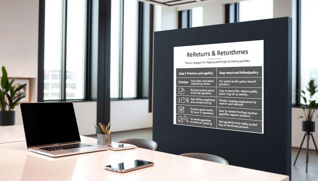 Shein Returns & Refunds: Guide to the Safest Way to Buy and Avoid Problems A well-lit, modern office interior with clean lines and minimalist decor. A large desk dominates the foreground, with a laptop, smartphone, and neatly organized stationery. In the middle ground, a wall-mounted display showcases a step-by-step guide on Shein's returns and refunds policy, presented in a clear and informative manner. The background features tall windows letting in natural light, creating a bright and airy atmosphere. The overall mood is professional, informative, and reassuring, conveying a sense of trust and confidence in navigating Shein's shopping experience safely.