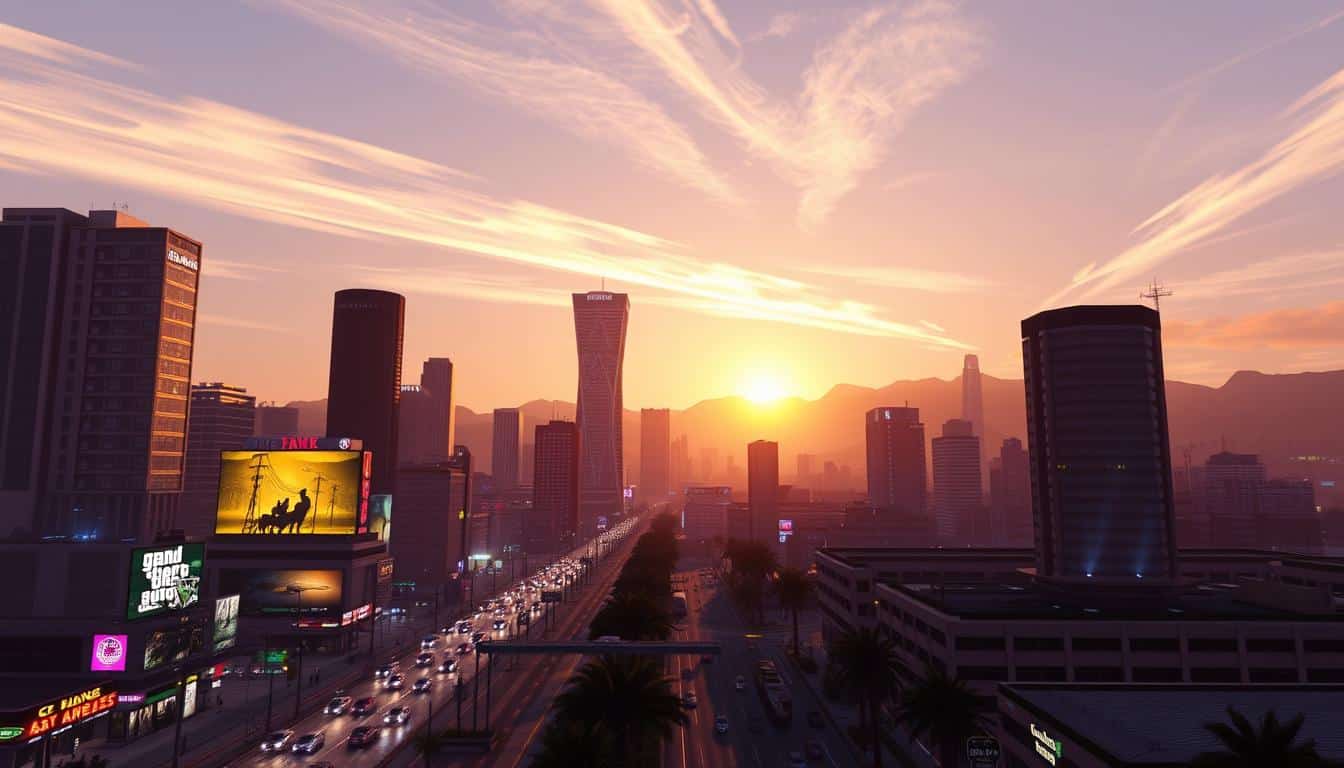 Vibrant cityscape of Los Santos, the sprawling metropolis of Grand Theft Auto V. In the foreground, towering skyscrapers and neon-lit billboards cast a dynamic urban glow. Middle-ground features bustling traffic, pedestrians navigating the lively streets, and the iconic Maze Bank Tower rising majestically. In the background, the San Andreas mountain range provides a dramatic natural backdrop, with wispy clouds and a warm, golden sunset illuminating the scene. The overall atmosphere conveys a sense of depth, energy, and the thrilling, cinematic quality of the GTA universe.