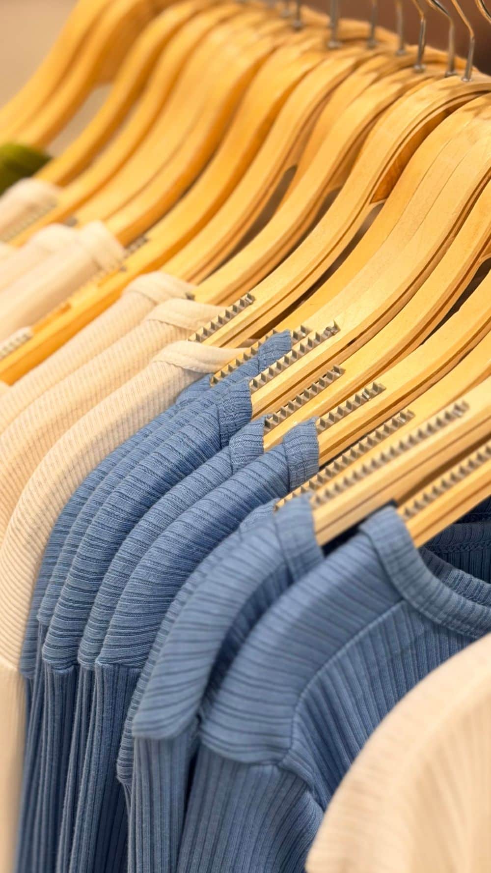 Soft blue and white sweaters neatly arranged on wooden hangers, perfect for a cozy winter wardrobe.