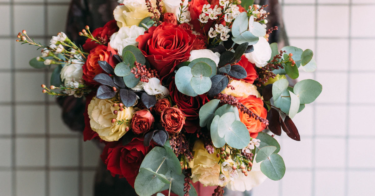 red, white, and green bouquet of flower